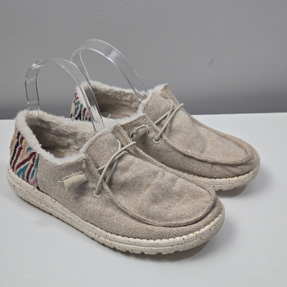 Hey Dude Shoes - Hey Dude Wendy Beige Casual Slip-On Shoes with Patterned Heel